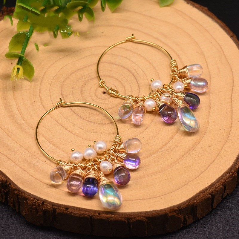 Bohemian Luxe Hoop Earrings | 925 Sterling Silver, Natural Pearl & Czech Crystal Dangles Feminé Luxé