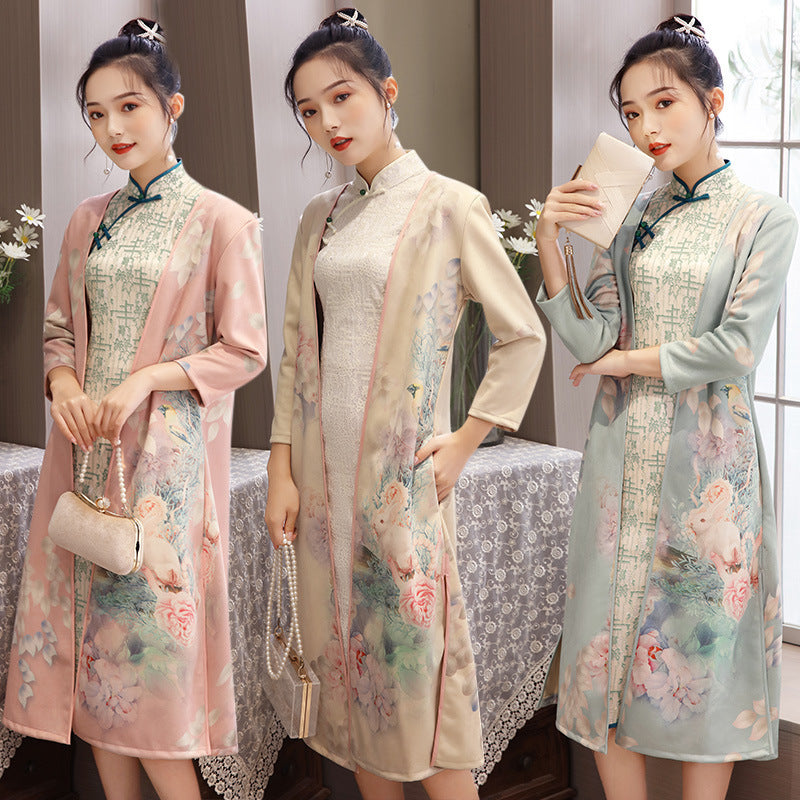 Luxurious Suede & Brocade Cheongsam Gown - Premium Oriental Reception Dress Feminé Luxé