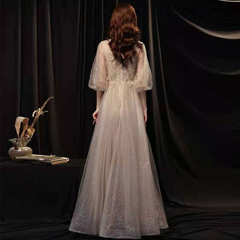 Golden Glitter Sheer Sleeve Banquet Evening Gown Feminé Luxé