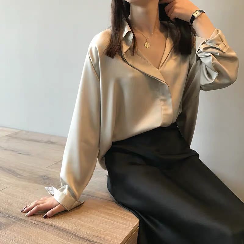 Champagne Satin Oversized Shirt Feminé Luxé