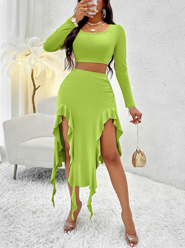 Luxe Long Sleeve Crop Top & Asymmetric Slit Skirt Set – Neon Party Chic Feminé Luxé