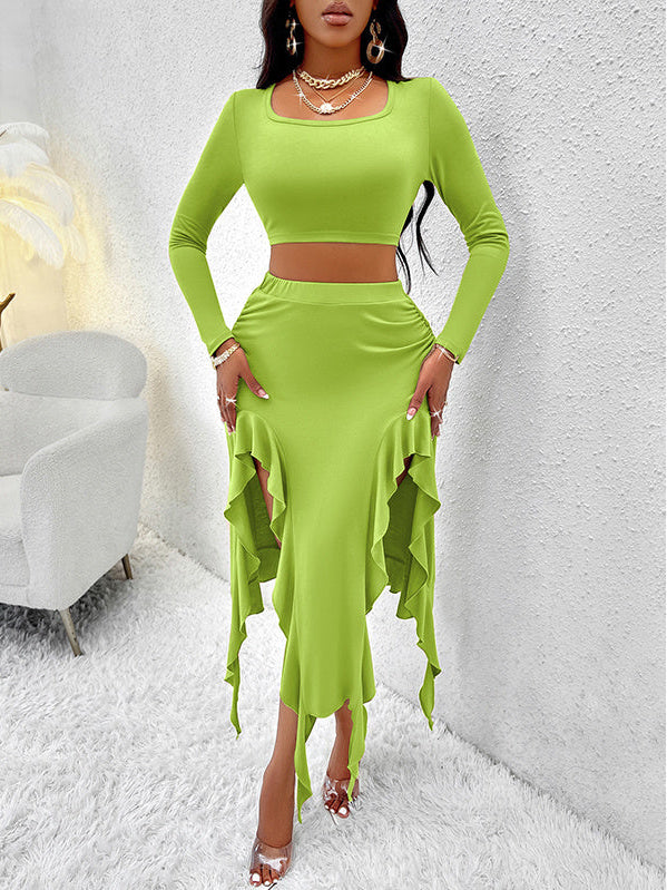 Luxe Long Sleeve Crop Top & Asymmetric Slit Skirt Set – Neon Party Chic Feminé Luxé