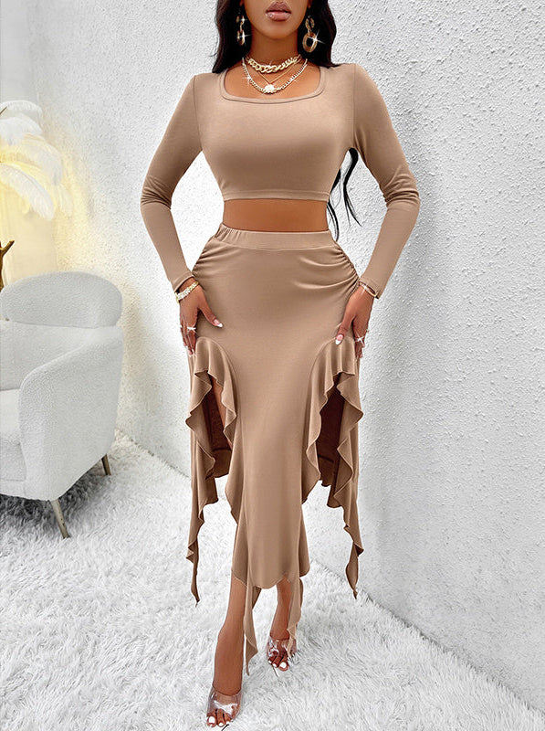 Luxe Long Sleeve Crop Top & Asymmetric Slit Skirt Set – Neon Party Chic Feminé Luxé