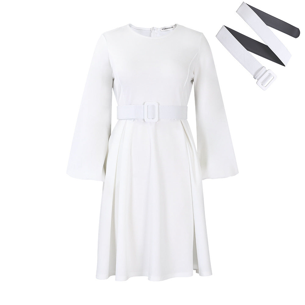 Belted Long Sleeve Swing Dress Feminé Luxé