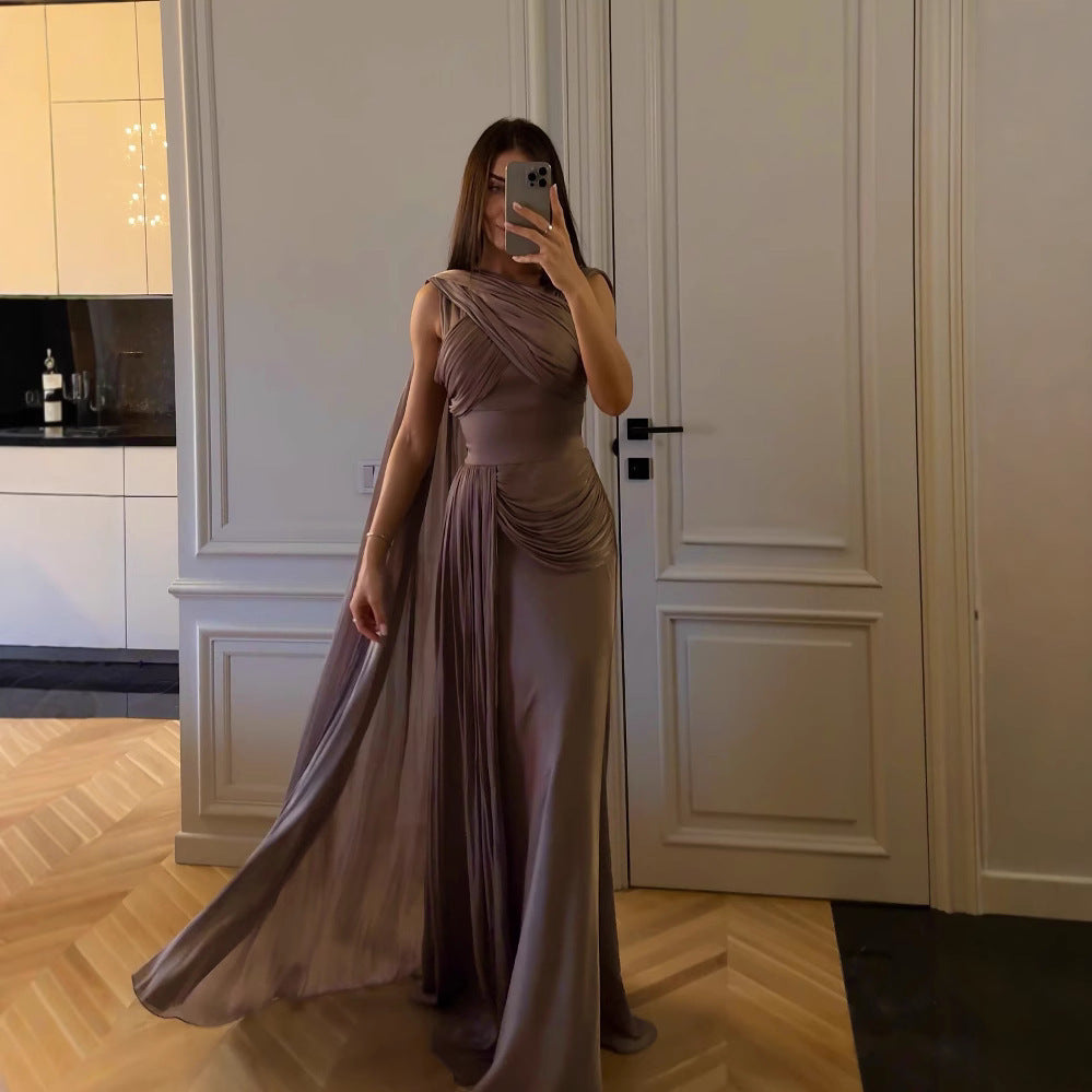 Pleated Ribbon Satin Evening Maxi Dress – Elegant One-Shoulder Gown Feminé Luxé