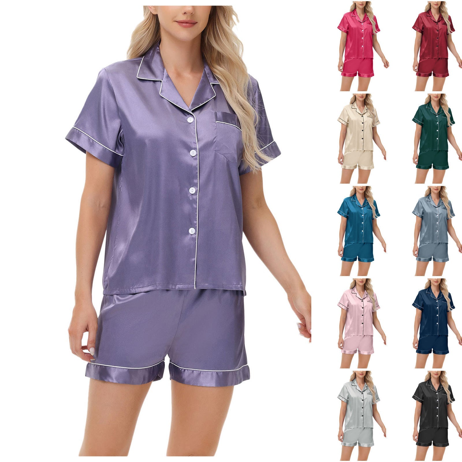Effortless Silky Satin Pajama Set - Short Sleeve Top & Long Pants Loungewear Feminé Luxé