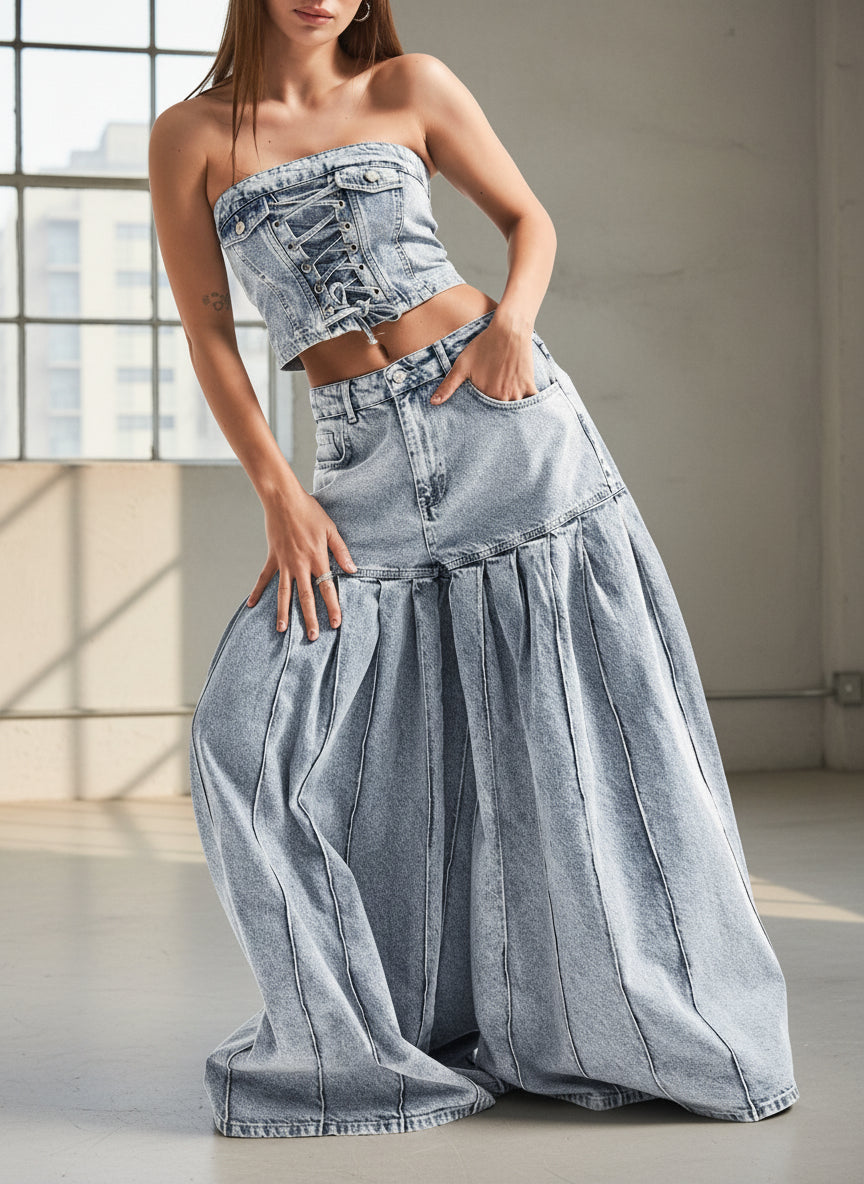 Chic Denim Co-ord Set: Strapless Corset Crop Top & High-Waisted Pleated Wide-Leg Pants Feminé Luxé