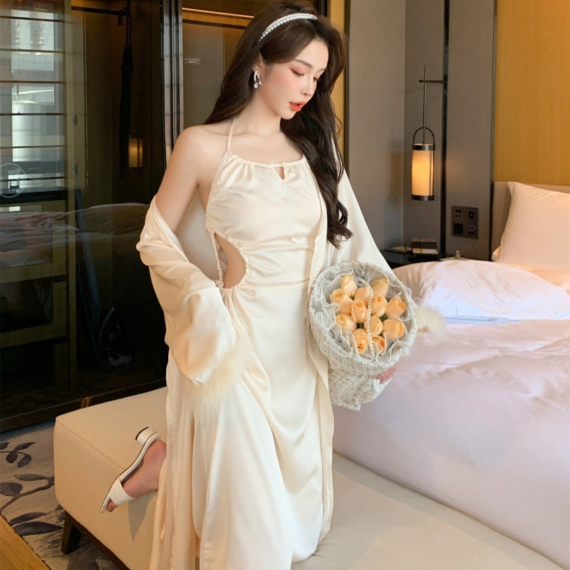 Luxurious Stretch Satin Night Gown / Robe - Long Sleeve Halter Dress Feminé Luxé