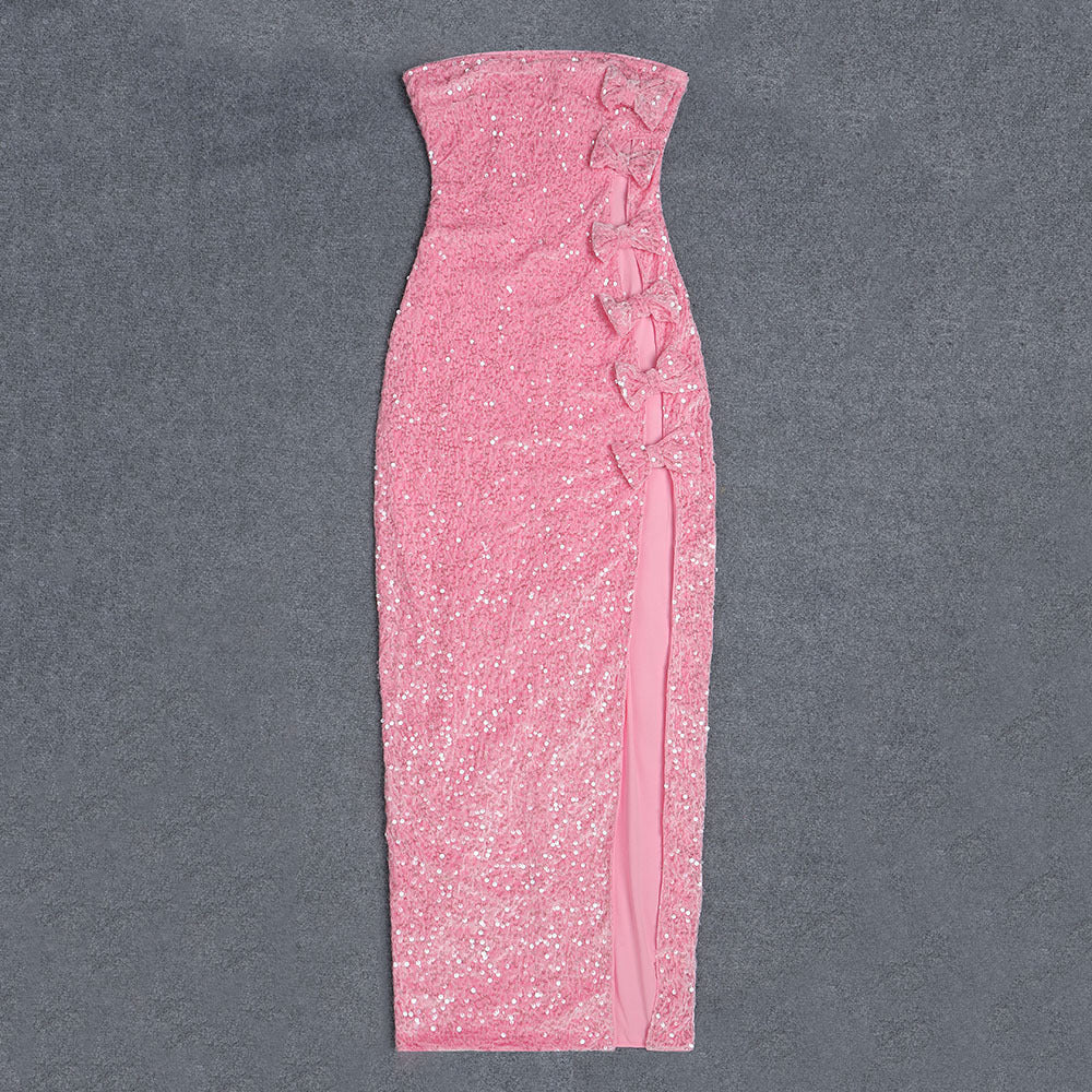 Pink Off-Shoulder Sequin Gown with Bow & Side Slit Feminé Luxé