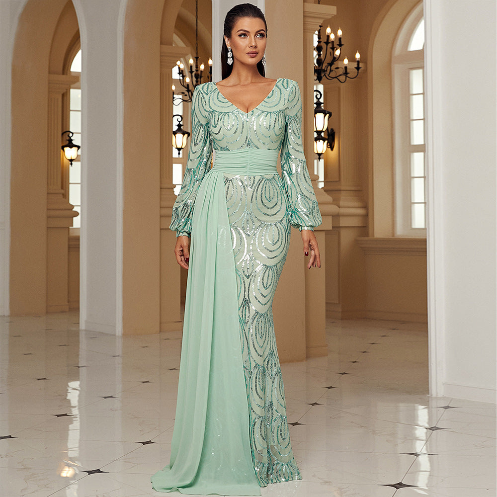 Elegant Long Sleeve Sequined V-Neck Evening Dress with Ribbon Detail Feminé Luxé