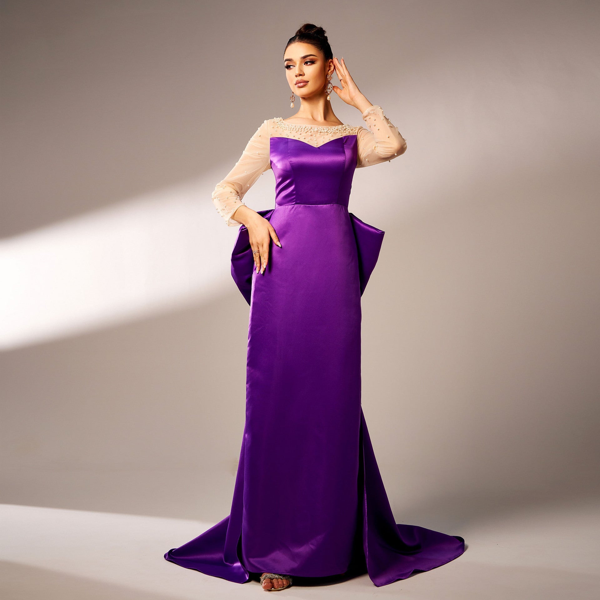 Royal Purple Long Sleeve Beaded Bow Evening Gown Feminé Luxé