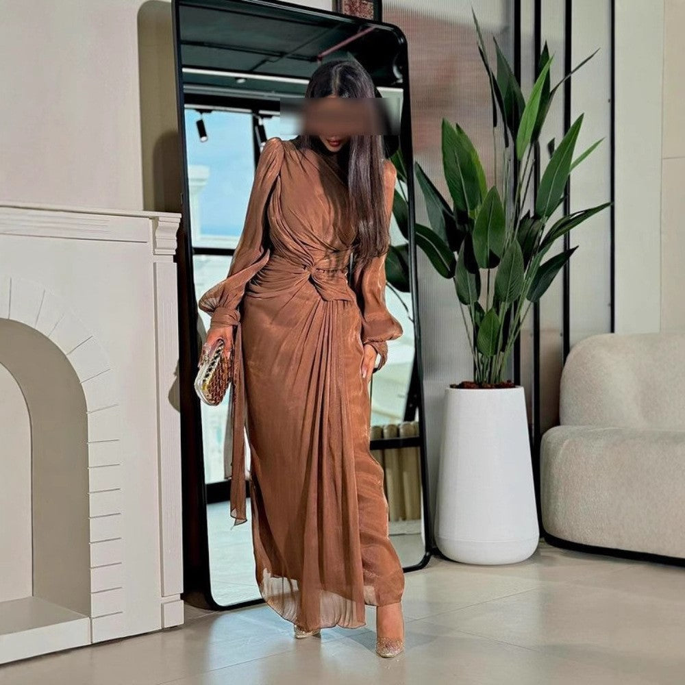 Pleated Bronze Satin Maxi Evening Dress Feminé Luxé