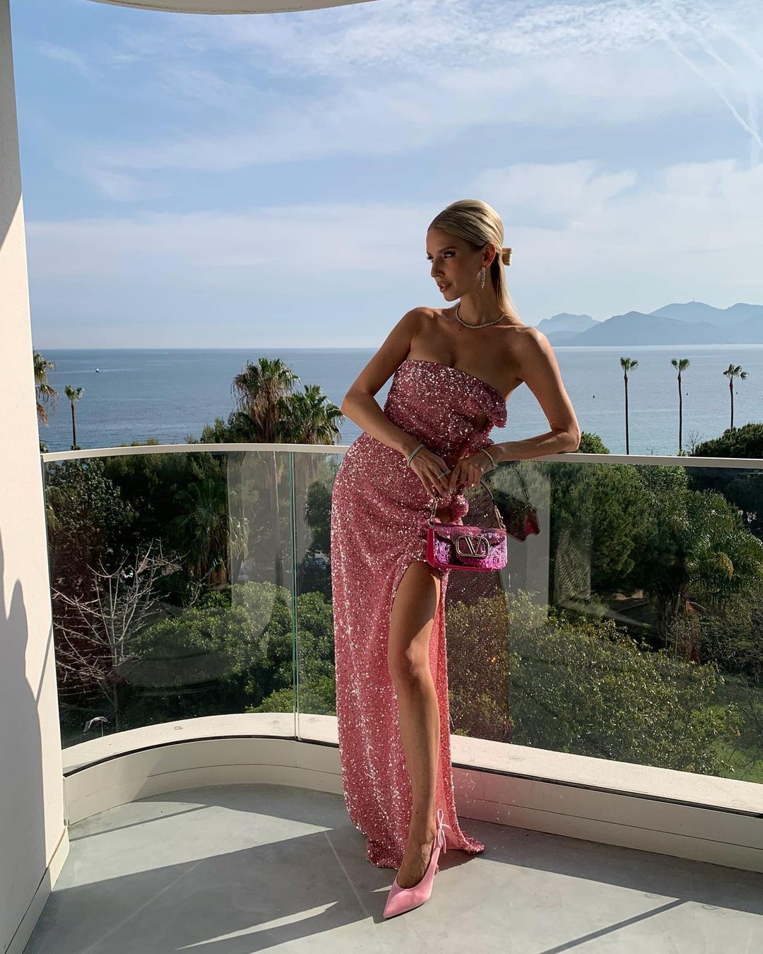 Pink Off-Shoulder Sequin Gown with Bow & Side Slit Feminé Luxé