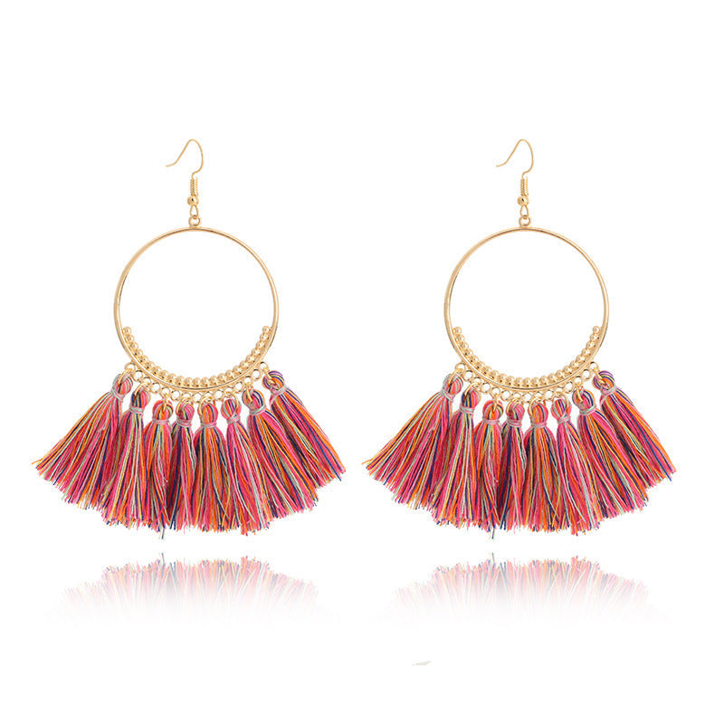 Bohemian Grande Tassel Hoop Earrings | Hand-Woven Fringe Dangles in Geometric Gold Finish Feminé Luxé