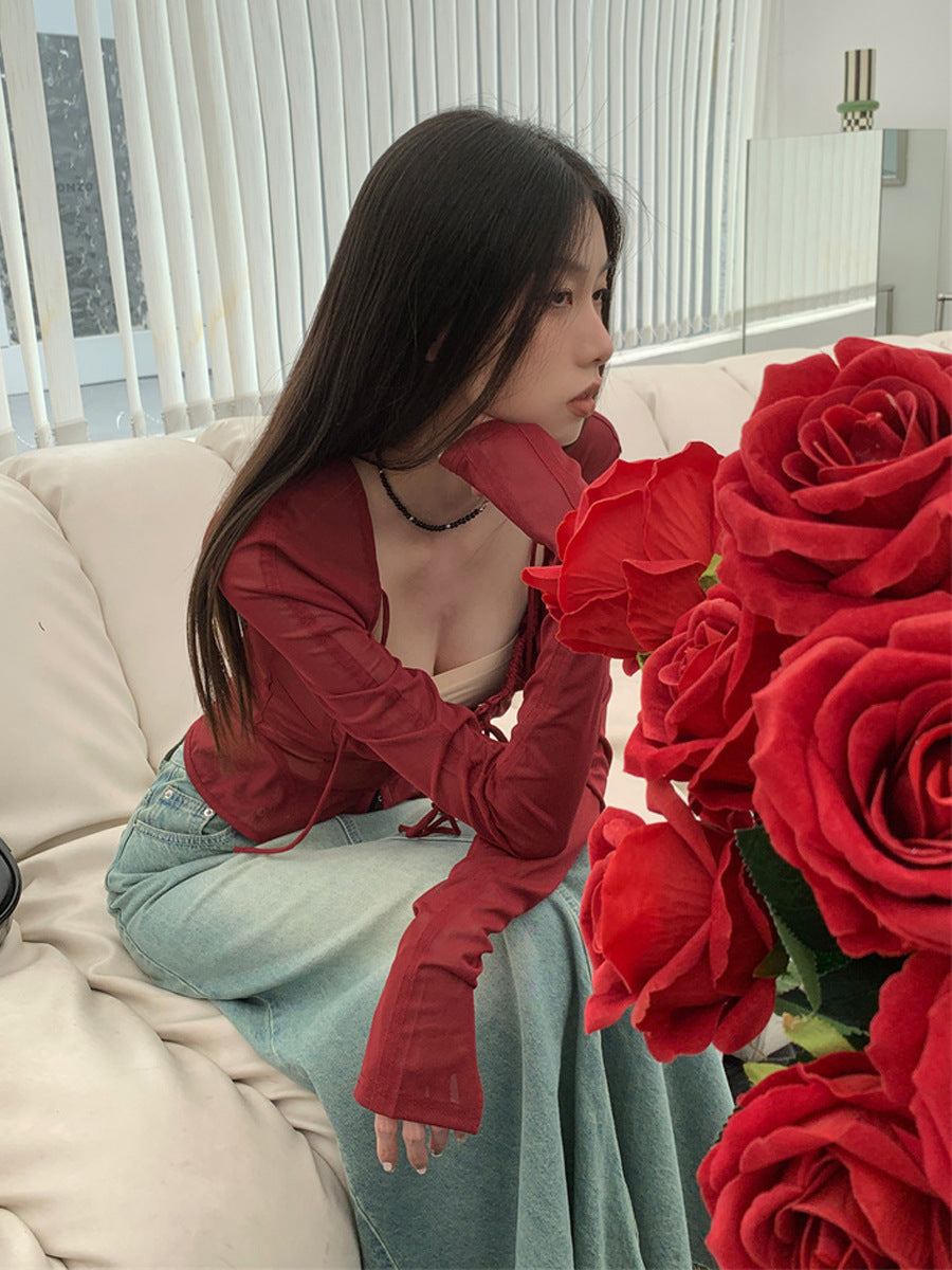 Sheer Mesh Lace-Up Corset Top | Long Sleeve Ruched Bustier Blouse Feminé Luxé