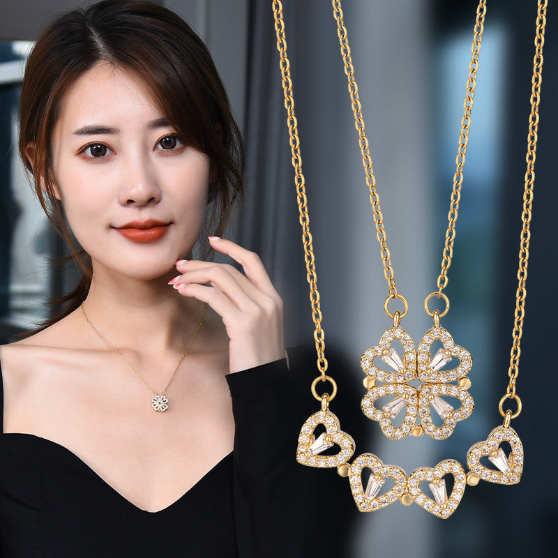 Luxury Four-Leaf Clover Radiance Necklace - Diamond-Inlaid Titanium Steel Charm Feminé Luxé