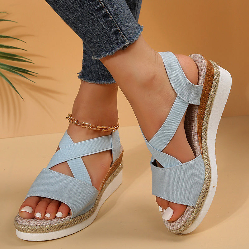 The Rhodes Gladiator Wedge: Cross-Strap Platform Canvas Heel Feminé Luxé