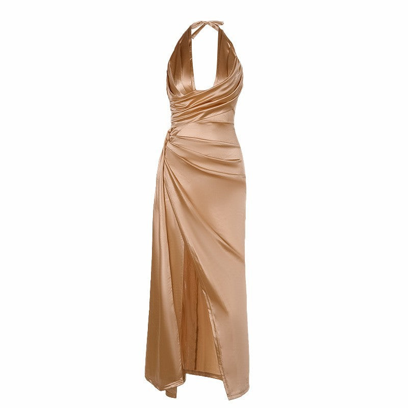 Golden Satin Deep V-Neck Evening Prom Dress with High Slit Feminé Luxé