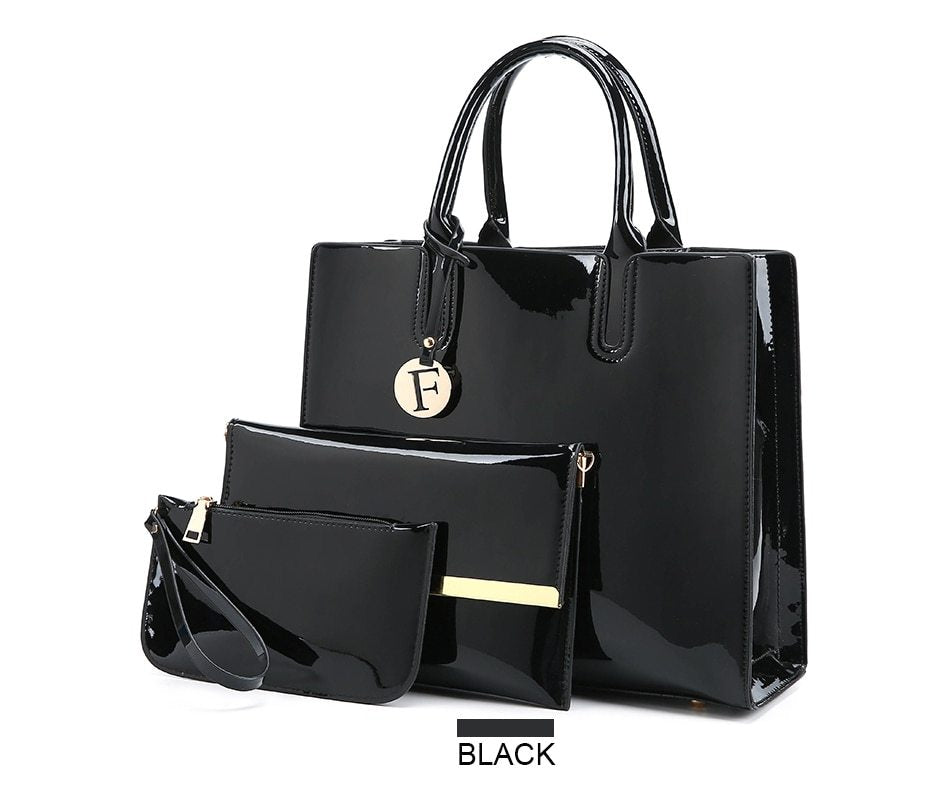 The Éclat Patent Leather Luxury Structured Tote – Convertible High-Shine 3-Piece Set Feminé Luxé