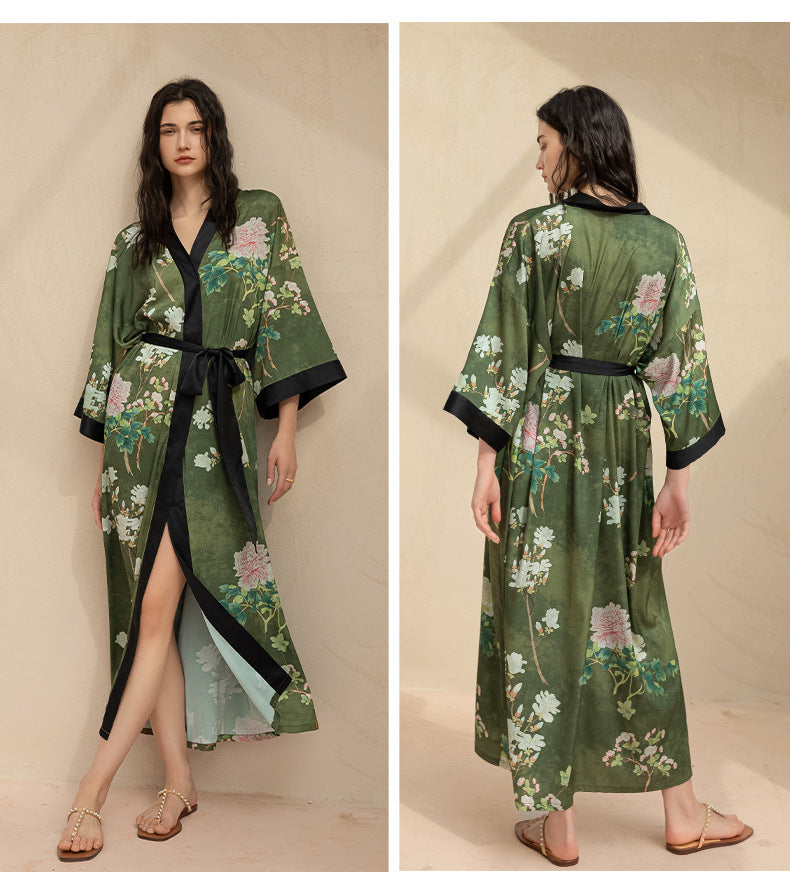 Elegant Printed Satin Maxi Kimono Robe | Luxurious Night Gown Feminé Luxé