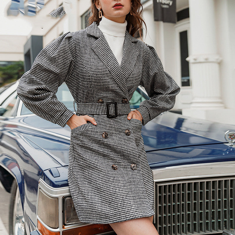 Woven Check Trench Coat with Warm Faux Fur Lining Feminé Luxé