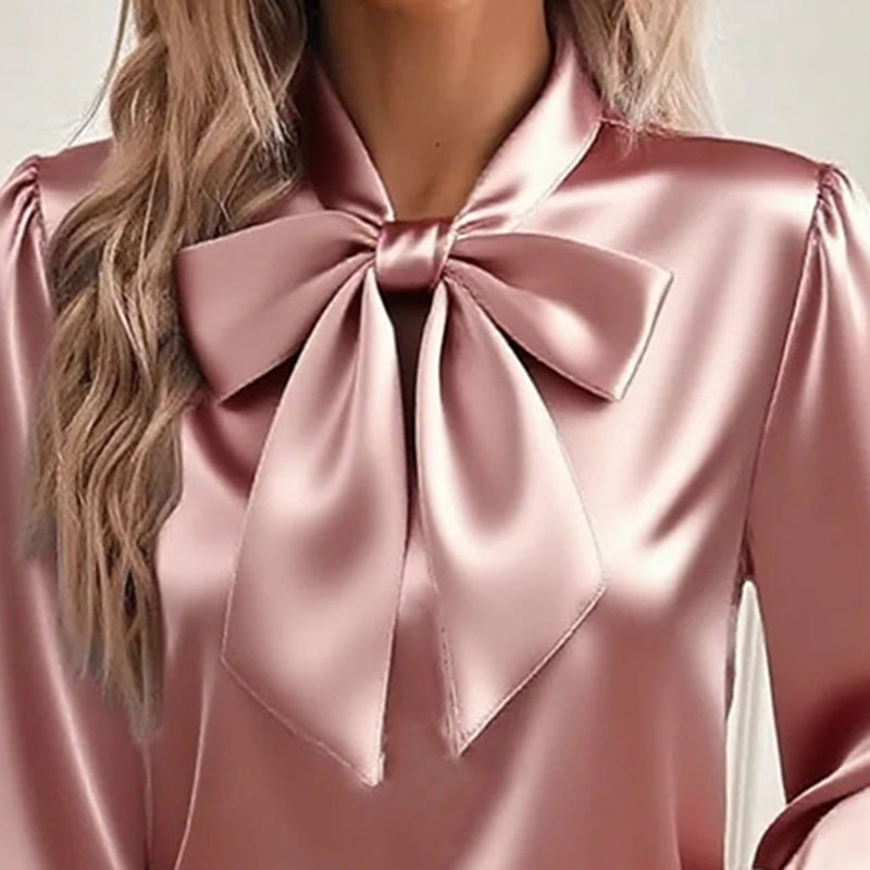 Luxurious Satin Bow Tie Long Sleeve Blouse - High-Fashion Statement Feminé Luxé