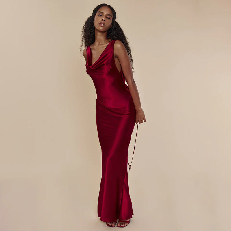 Elegant Red Satin Backless Evening Gown with Lace-Up Detail Feminé Luxé
