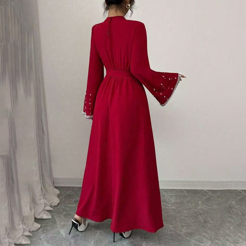 Elegant High-Neck Maxi Gown | Long Sleeve Embellished Belt Event Dress Feminé Luxé