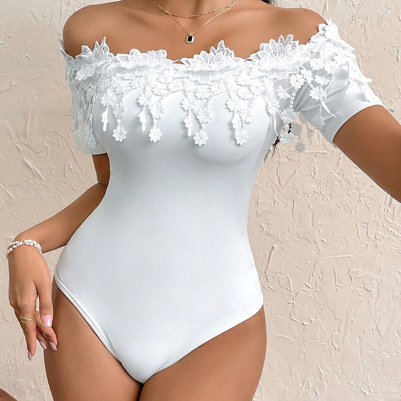 Romantic Off-Shoulder Lace Trim Bodycon Bodysuit Feminé Luxé