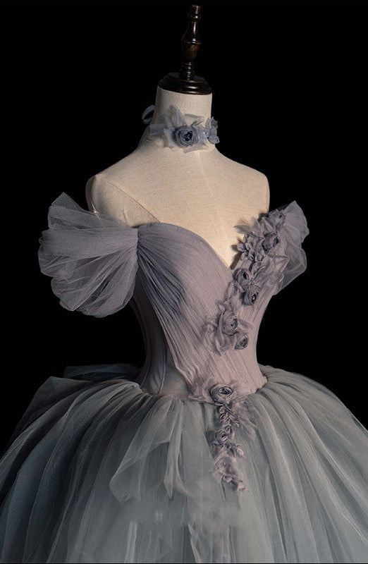 Elegant Off-Shoulder Gray Tulle Princess Ball Gown Feminé Luxé