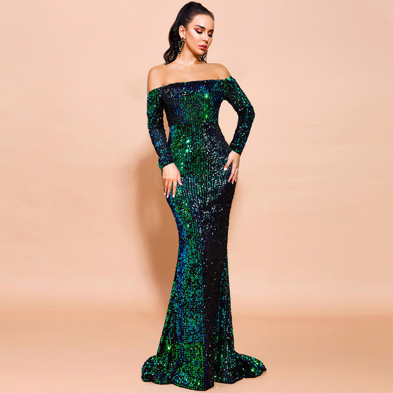 Elegant Off-Shoulder Long Sleeve Sequin Evening Gown Feminé Luxé