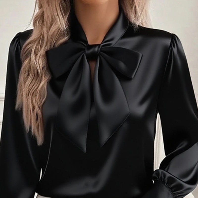 Luxurious Satin Bow Tie Long Sleeve Blouse - High-Fashion Statement Feminé Luxé