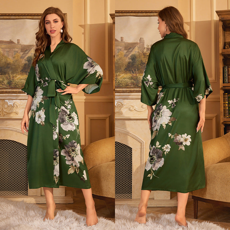 Elegant Printed Satin Maxi Kimono Robe | Luxurious Night Gown Feminé Luxé