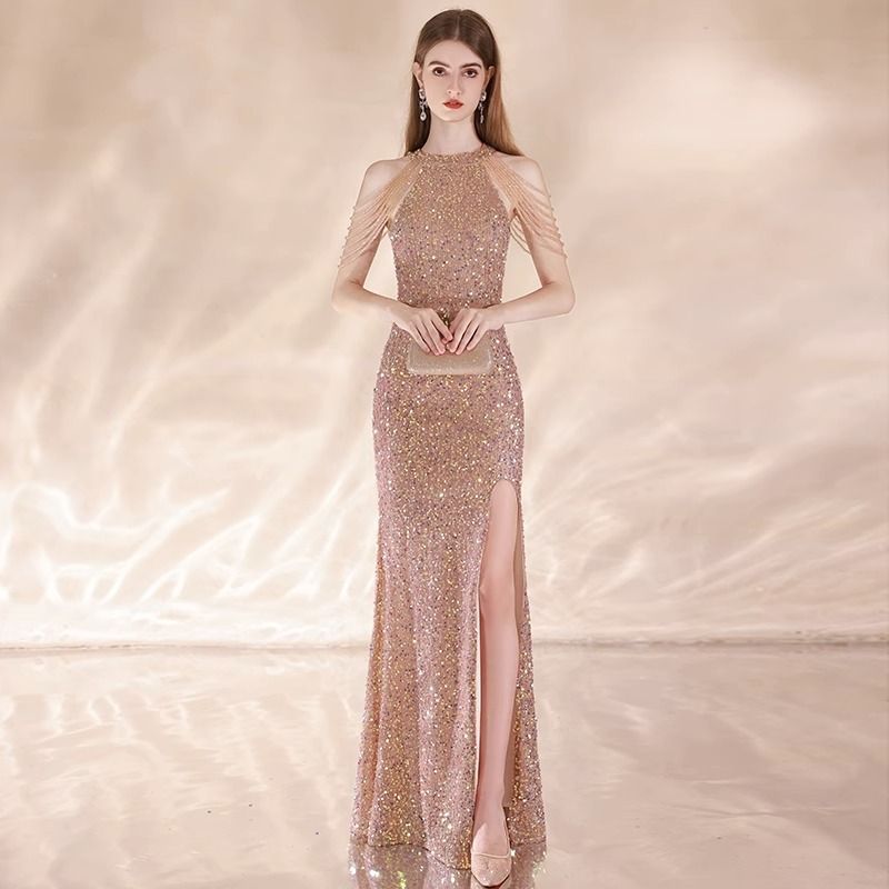 Apricot High-Neck Sequin Evening Gown with Side Slit Feminé Luxé