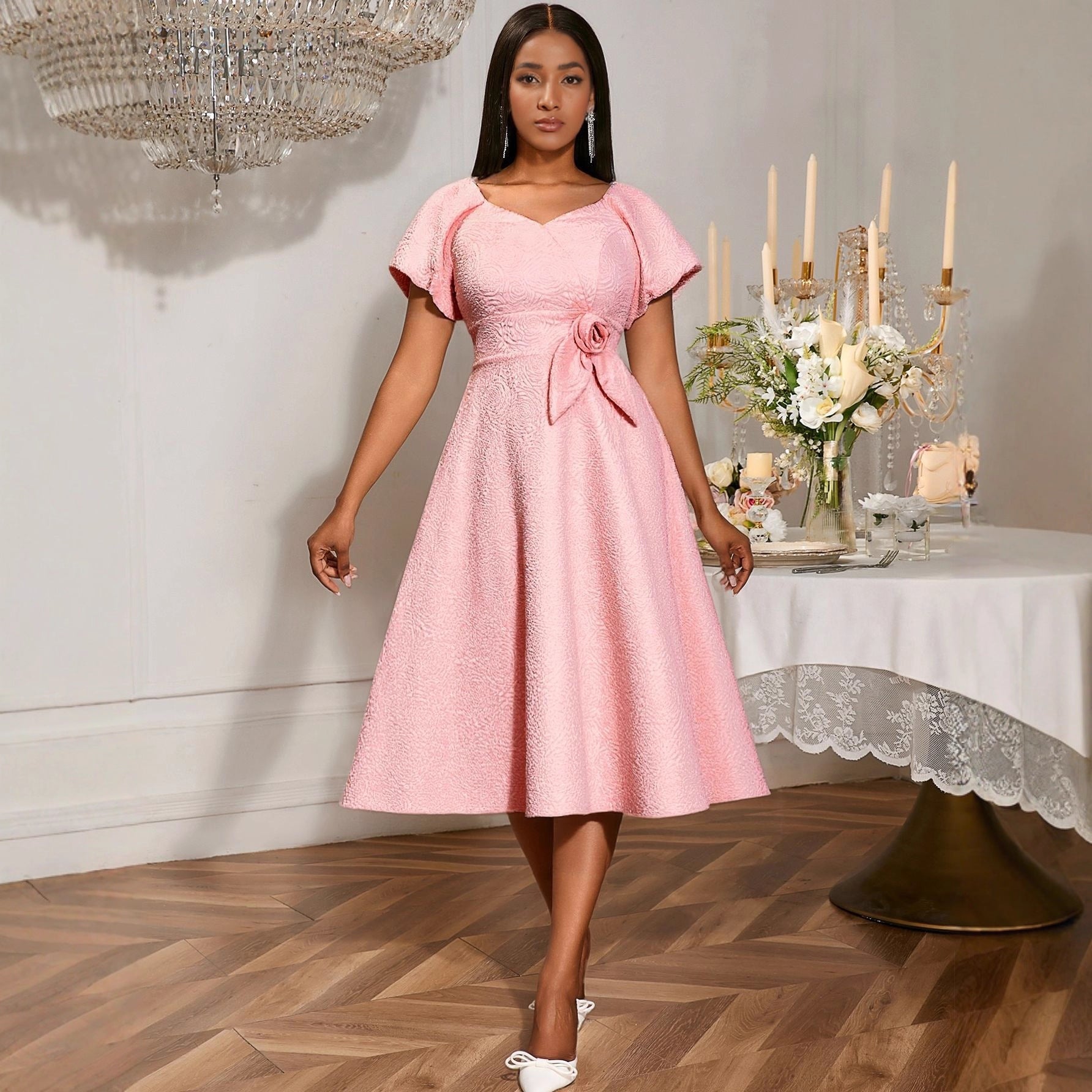 Pink Puff Sleeve Bow Midi Dress Feminé Luxé