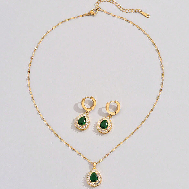 Vintage Emerald Green Pear Drop Necklace & Halo Earrings Set (Retro Hong Kong Style) Feminé Luxé
