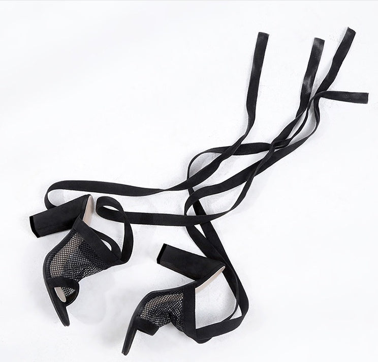 Runway Rebellion: The 'Obsidian' Mesh & Flocking Block Heel Sandals Feminé Luxé