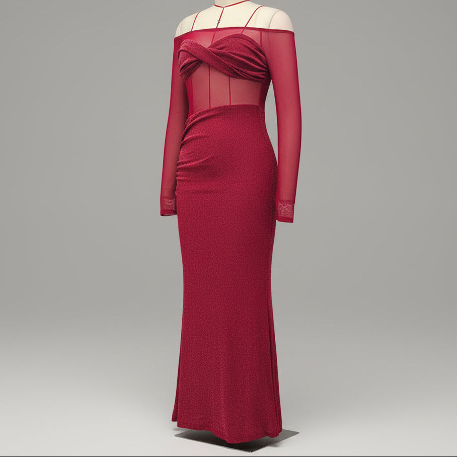 The Illusion Maxi Dress – Shimmering Off-Shoulder See-Through Mesh Gown | Feminé Luxé Exclusive Feminé Luxé