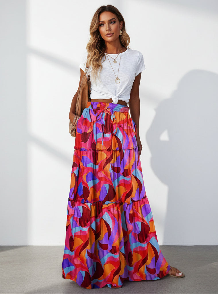 The Bohemian Resort Tiered Maxi Skirt | High-Rise & Hand-Printed Look Feminé Luxé