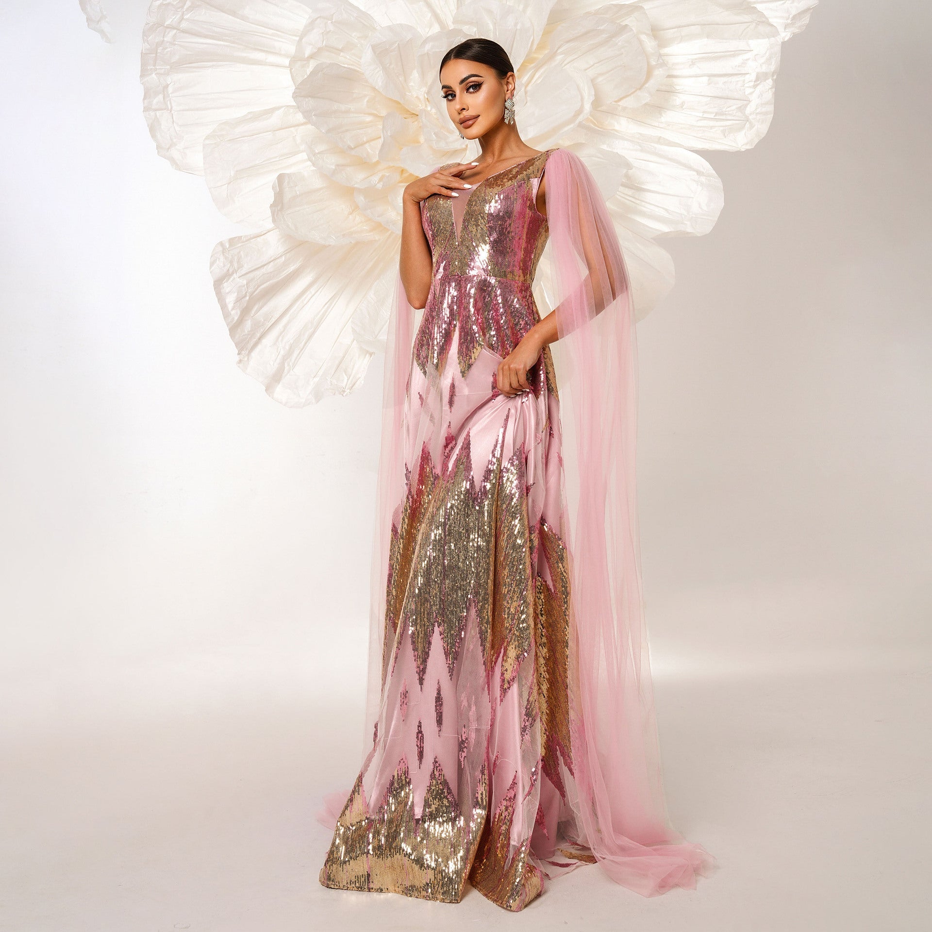 Mesh Long Sleeve V-Neck Sequins Swing Evening Gown Feminé Luxé