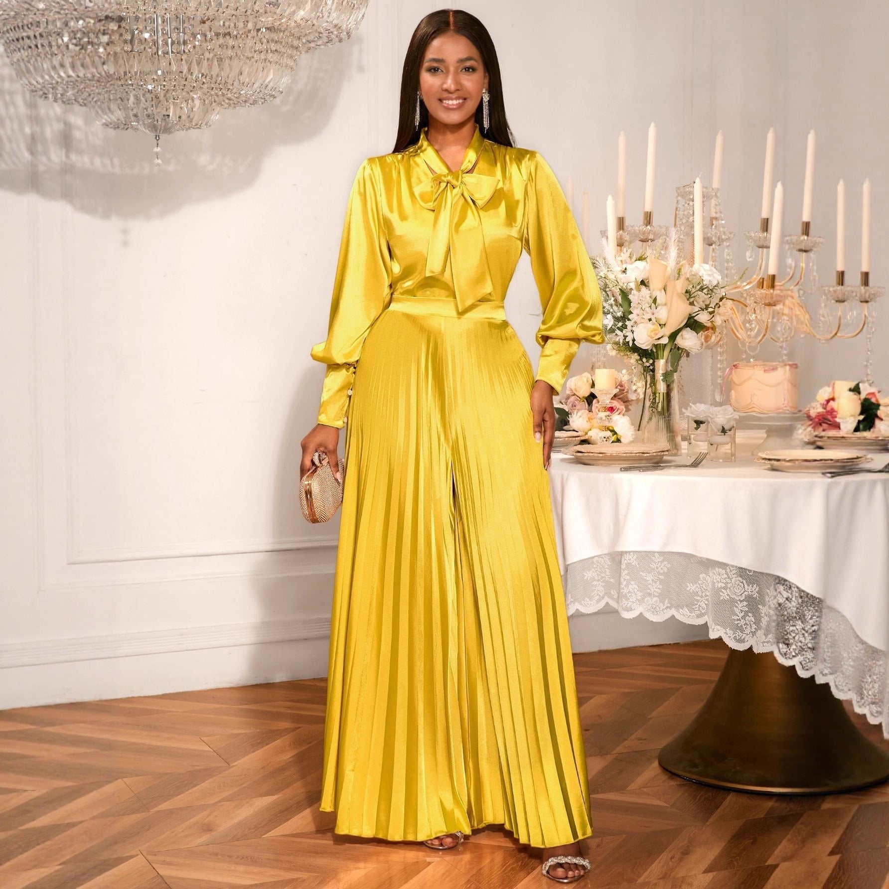Gold Satin Bow Blouse & Pleated Wide-Leg Set Feminé Luxé