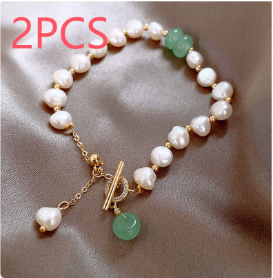 Chic Irregular Freshwater Pearl & Green Jade T-Bar Toggle Bracelet Feminé Luxé