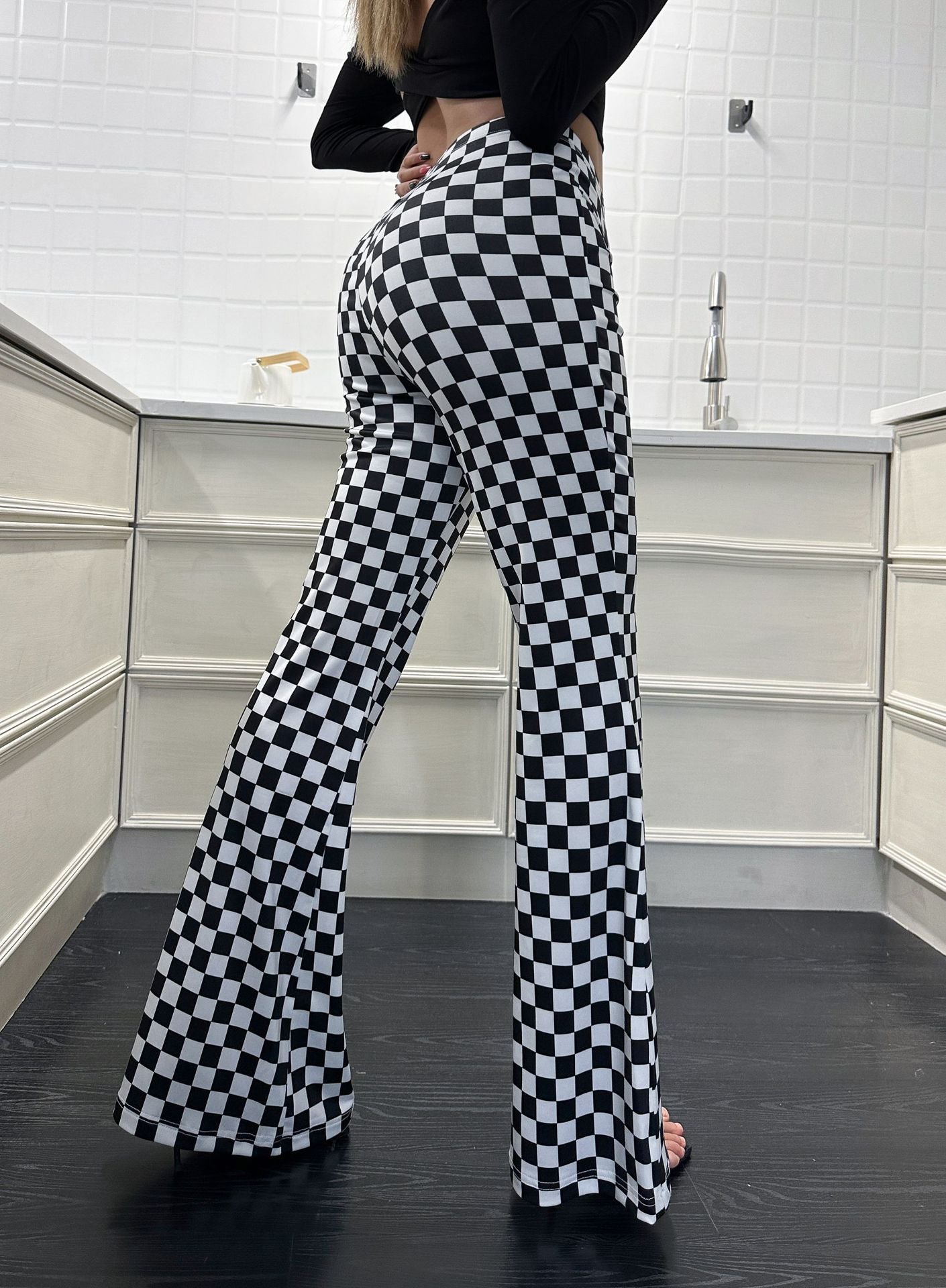Iconic Checkerboard High-Waist Flared Yoga Pants Feminé Luxé
