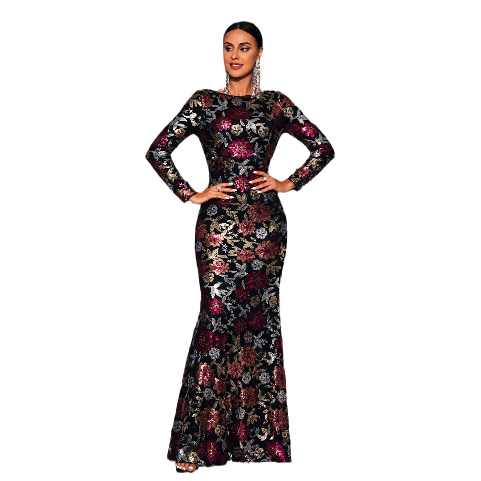 Floral Sequin Long Sleeve Crew Neck Evening Gown Feminé Luxé