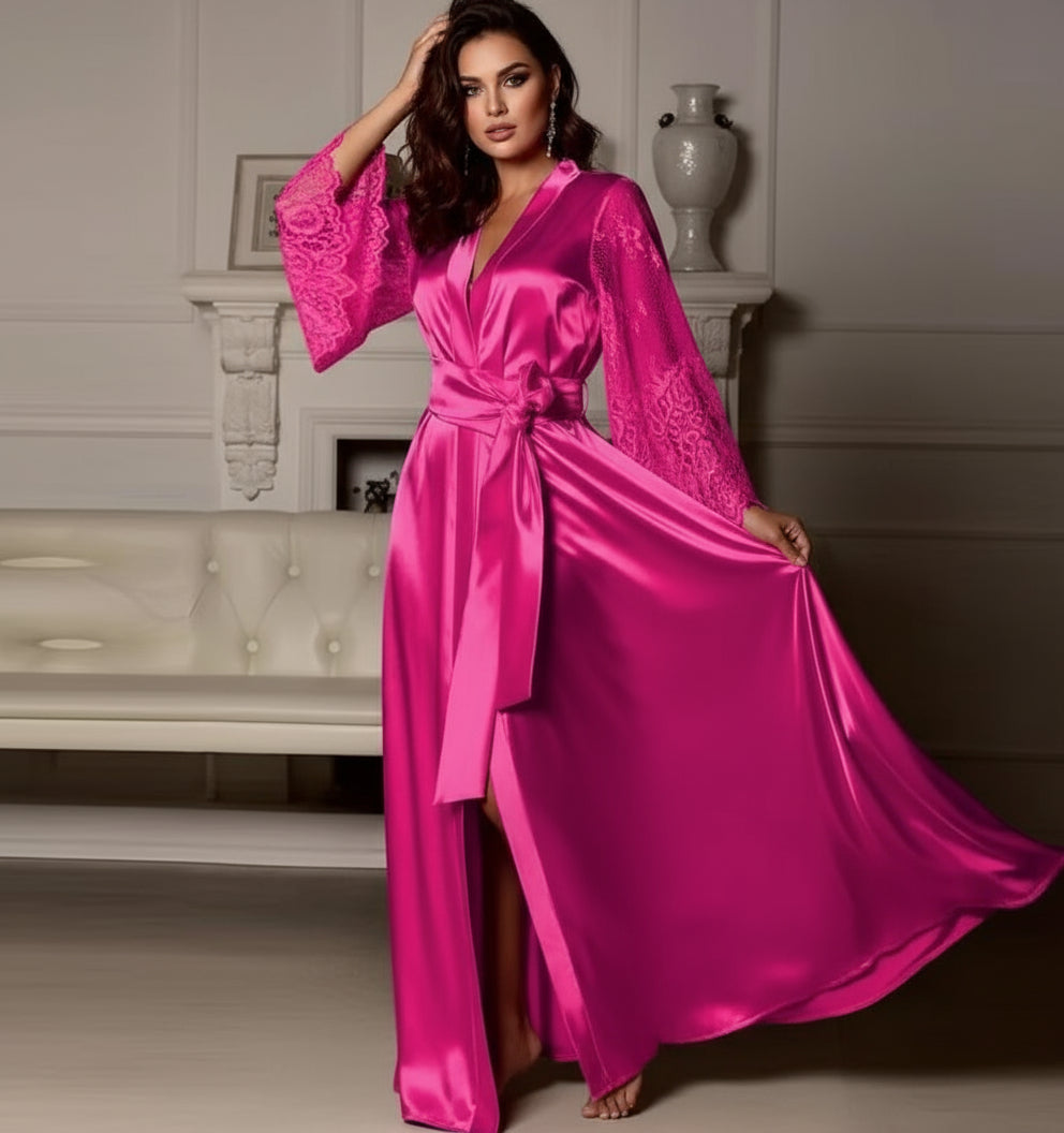 The High-Glamour Silk-Satin Robe with Bell Sleeve Lace Detail Feminé Luxé
