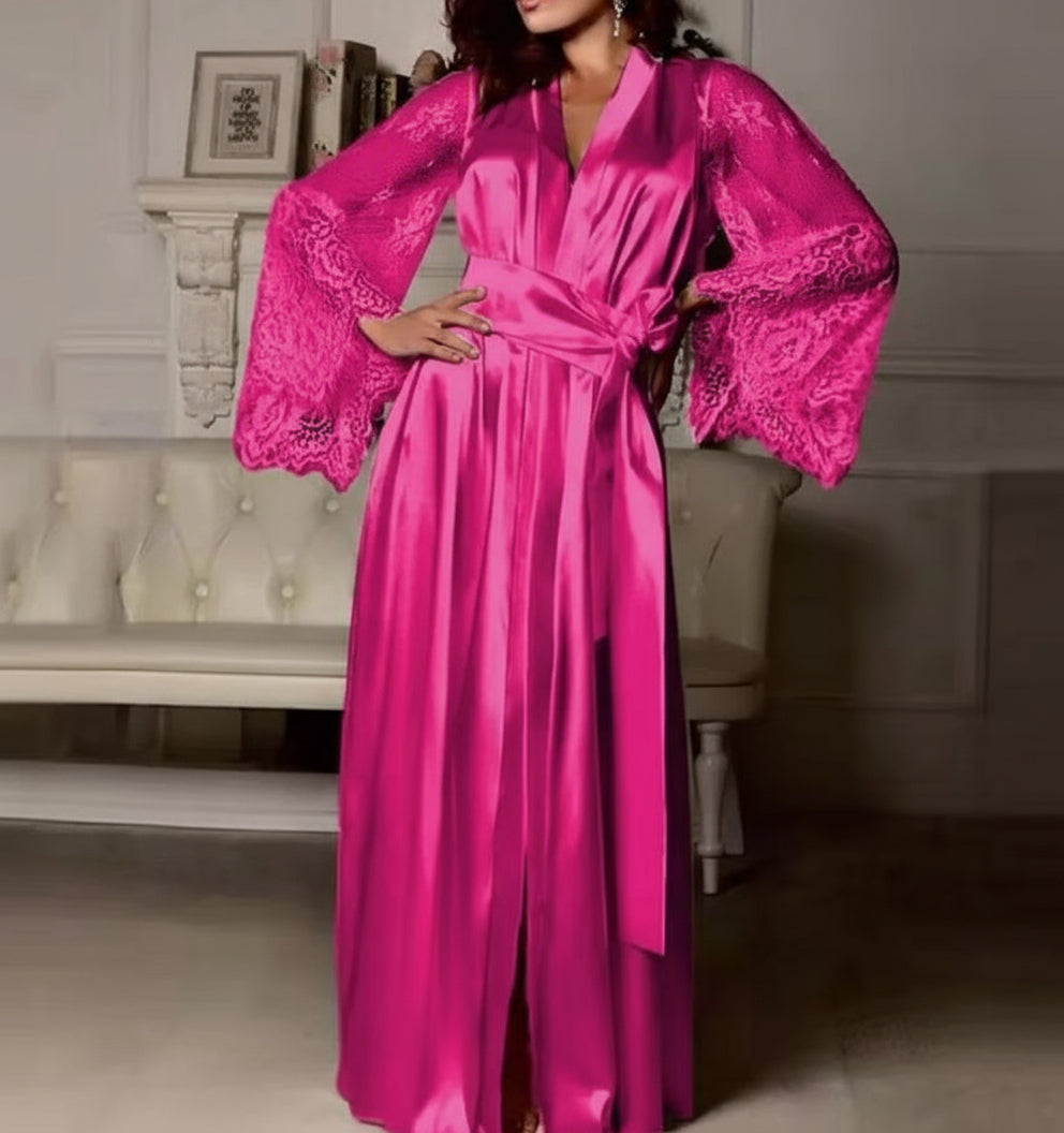 The High-Glamour Silk-Satin Robe with Bell Sleeve Lace Detail Feminé Luxé