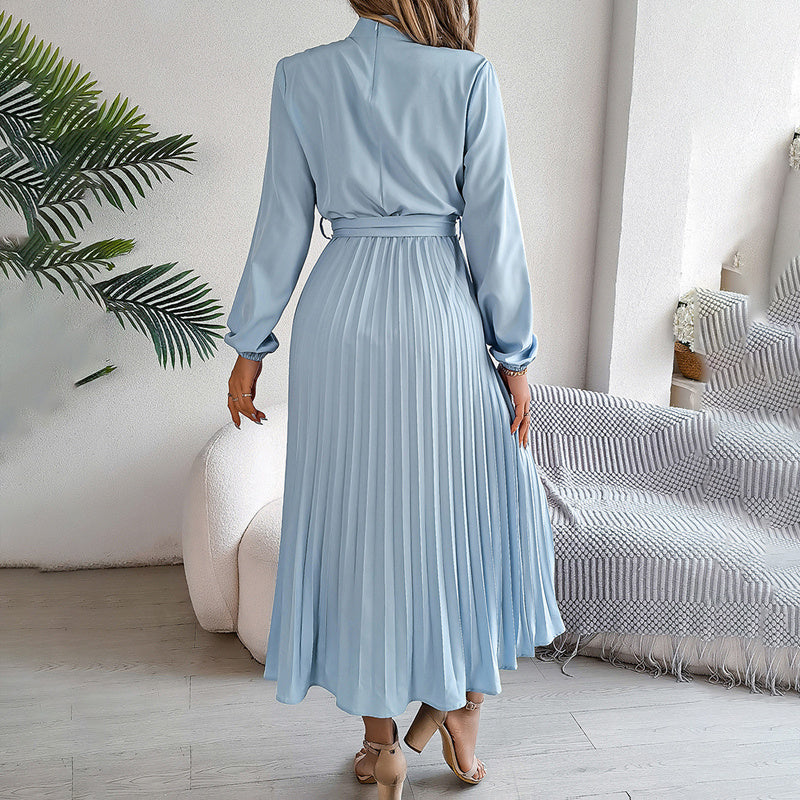 Elegant High Neck Pleated Maxi Dress - Long Sleeve Flowy Evening & Prom Event Gown Feminé Luxé