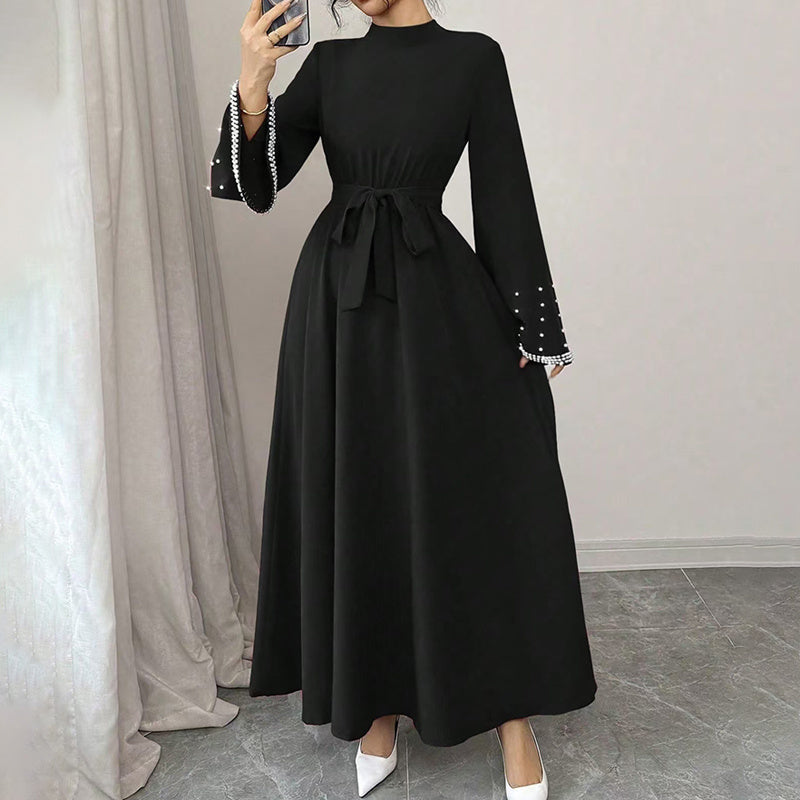 Elegant High-Neck Maxi Gown | Long Sleeve Embellished Belt Event Dress Feminé Luxé