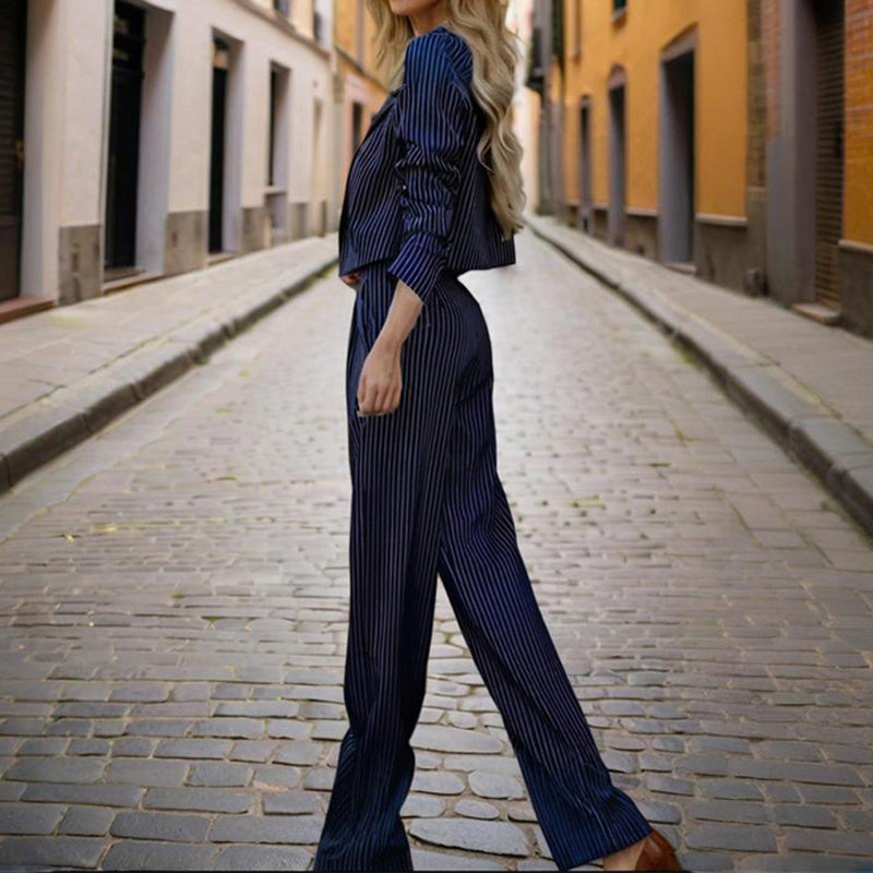 Striped Crop Blazer, Pleated Pant & Cropped Top 3-Piece Set | Feminé Modern Workwear Feminé Luxé