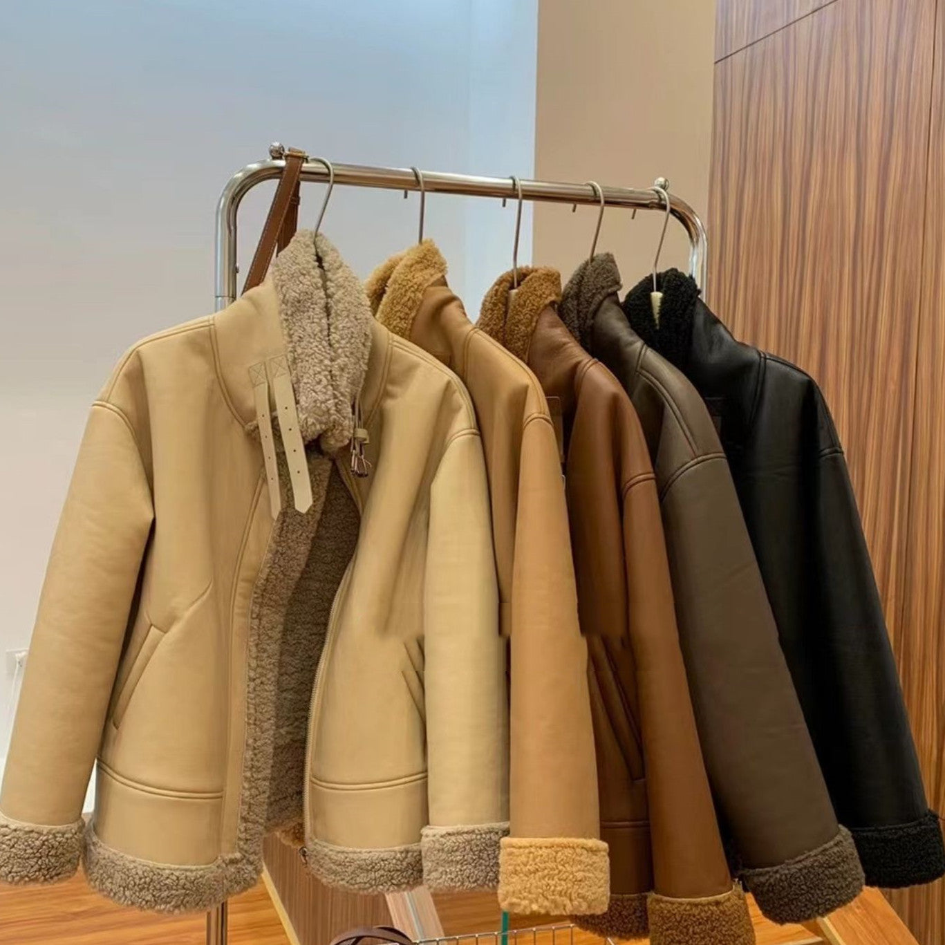 Retro Lamb Fur Integrated Biker Leather Jacket Feminé Luxé